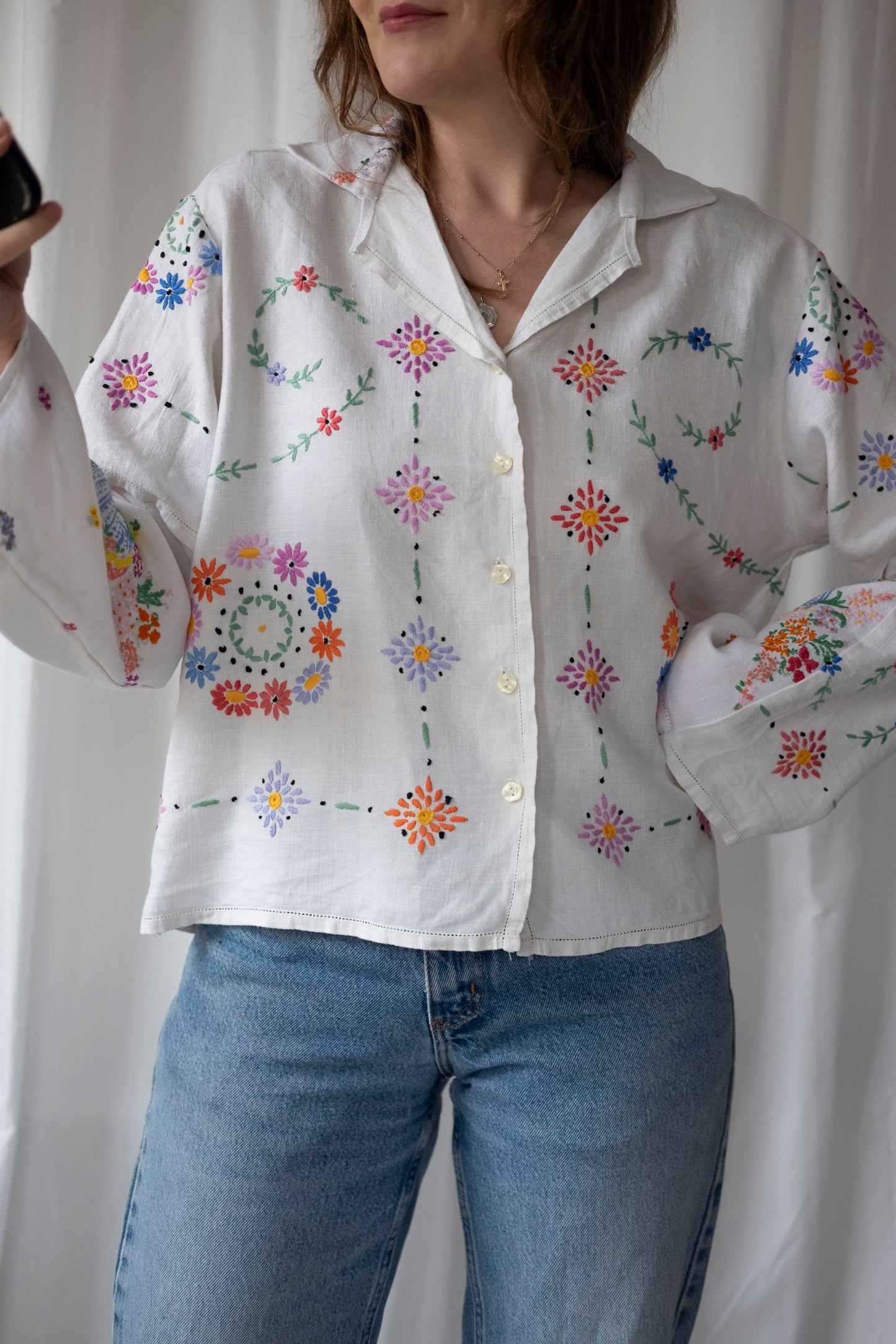 Mandevilla ~ Reworked Vintage Linen Embroidered Shirt - M