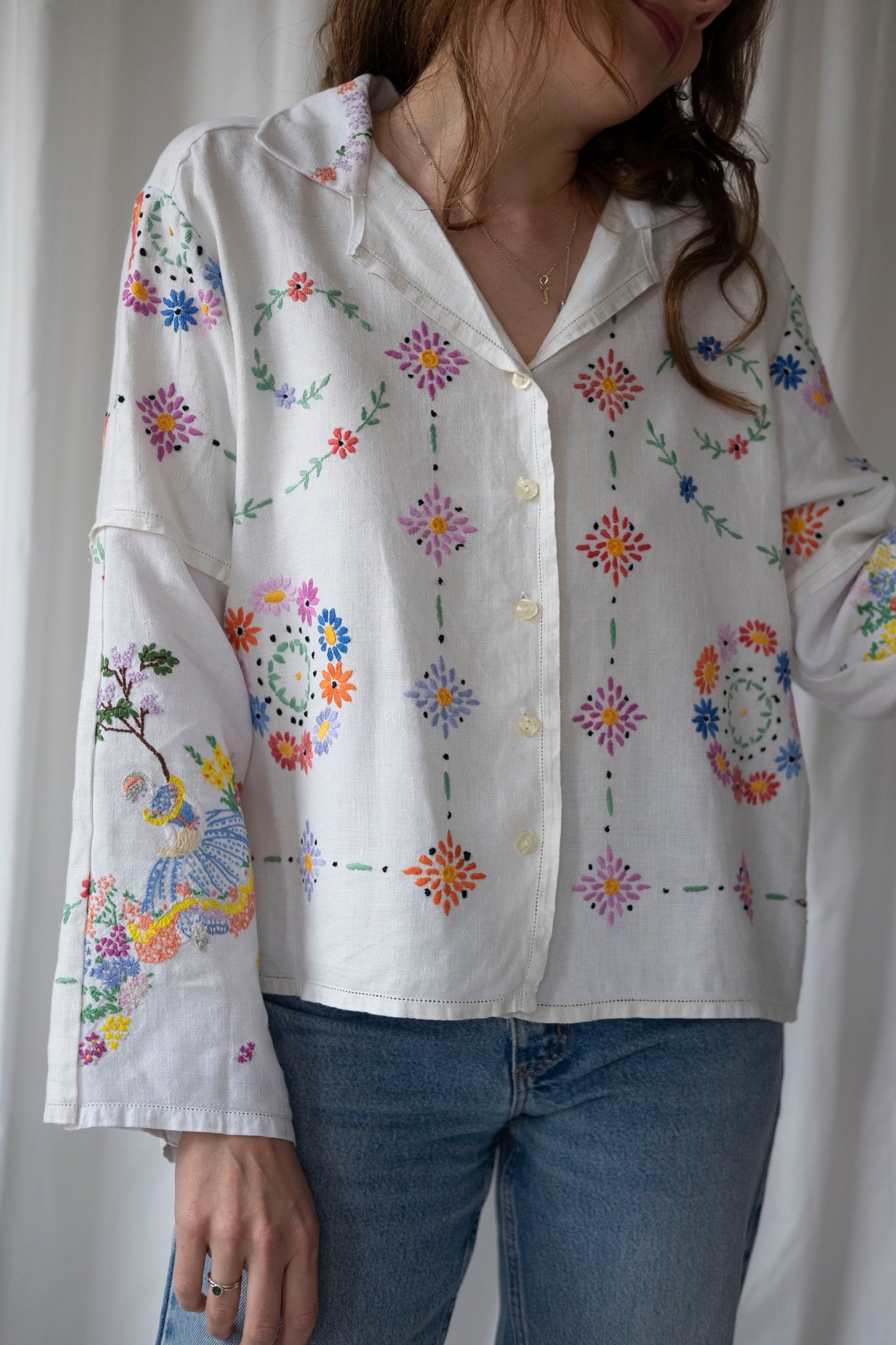 Mandevilla ~ Reworked Vintage Linen Embroidered Shirt - M