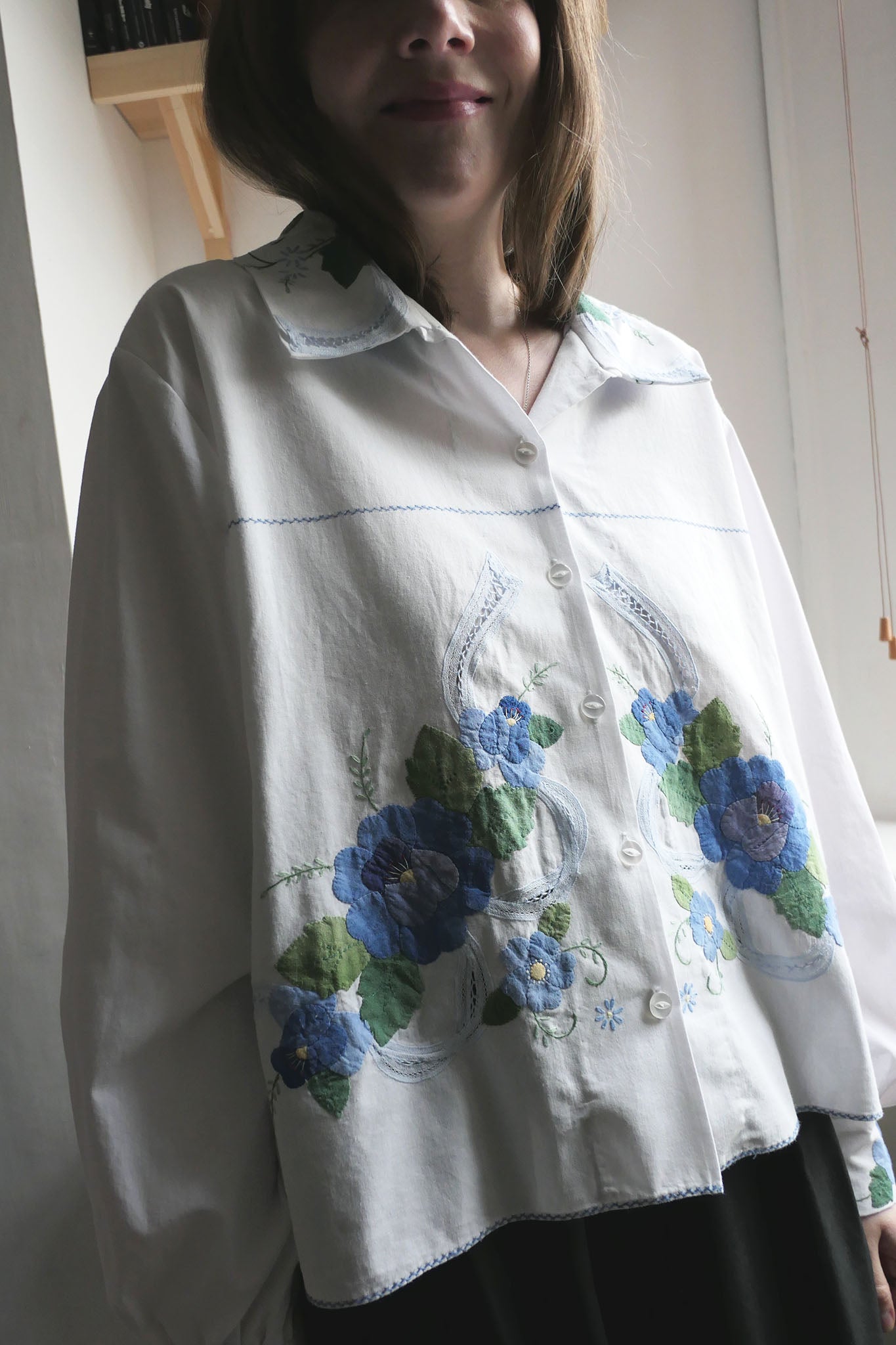 Aster ~ White & Blue Floral Applique Shirt - M/L