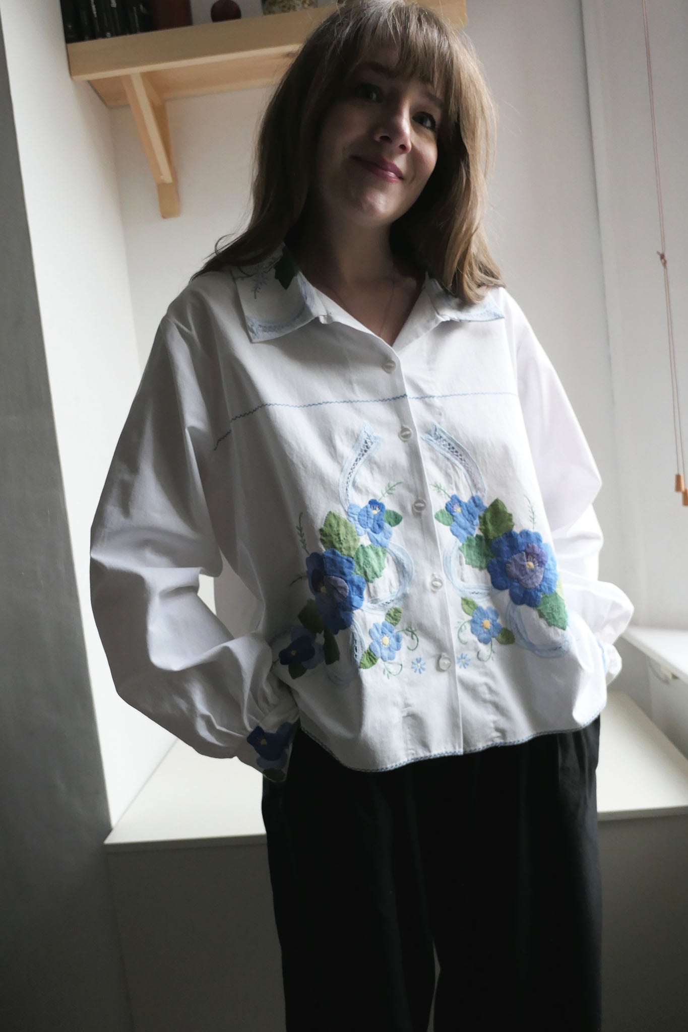 Aster ~ White & Blue Floral Applique Shirt - M/L