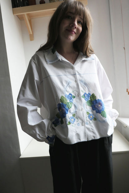 Aster ~ White & Blue Floral Applique Shirt - M/L