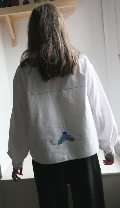 Aster ~ White & Blue Floral Applique Shirt - M/L