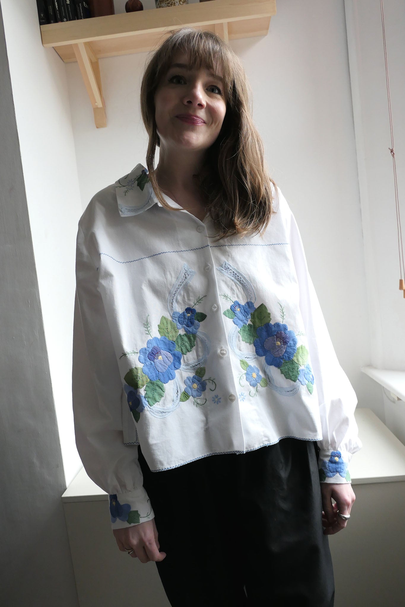 Aster ~ White & Blue Floral Applique Shirt - M/L