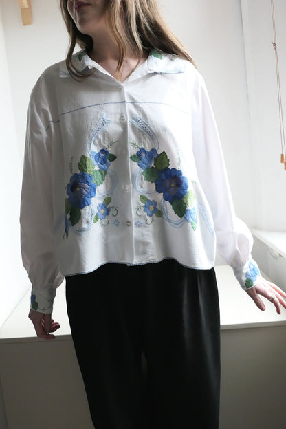 Aster ~ White & Blue Floral Applique Shirt - M/L