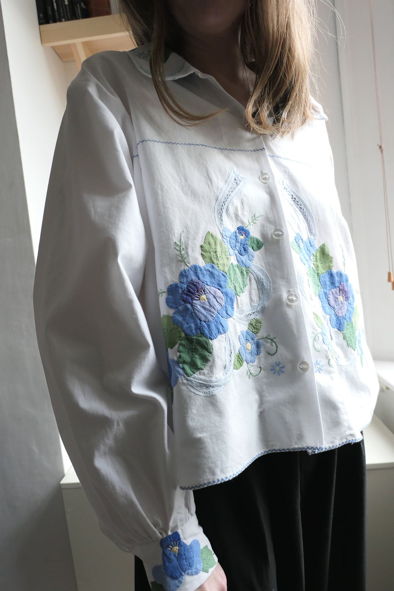 Aster ~ White & Blue Floral Applique Shirt - M/L