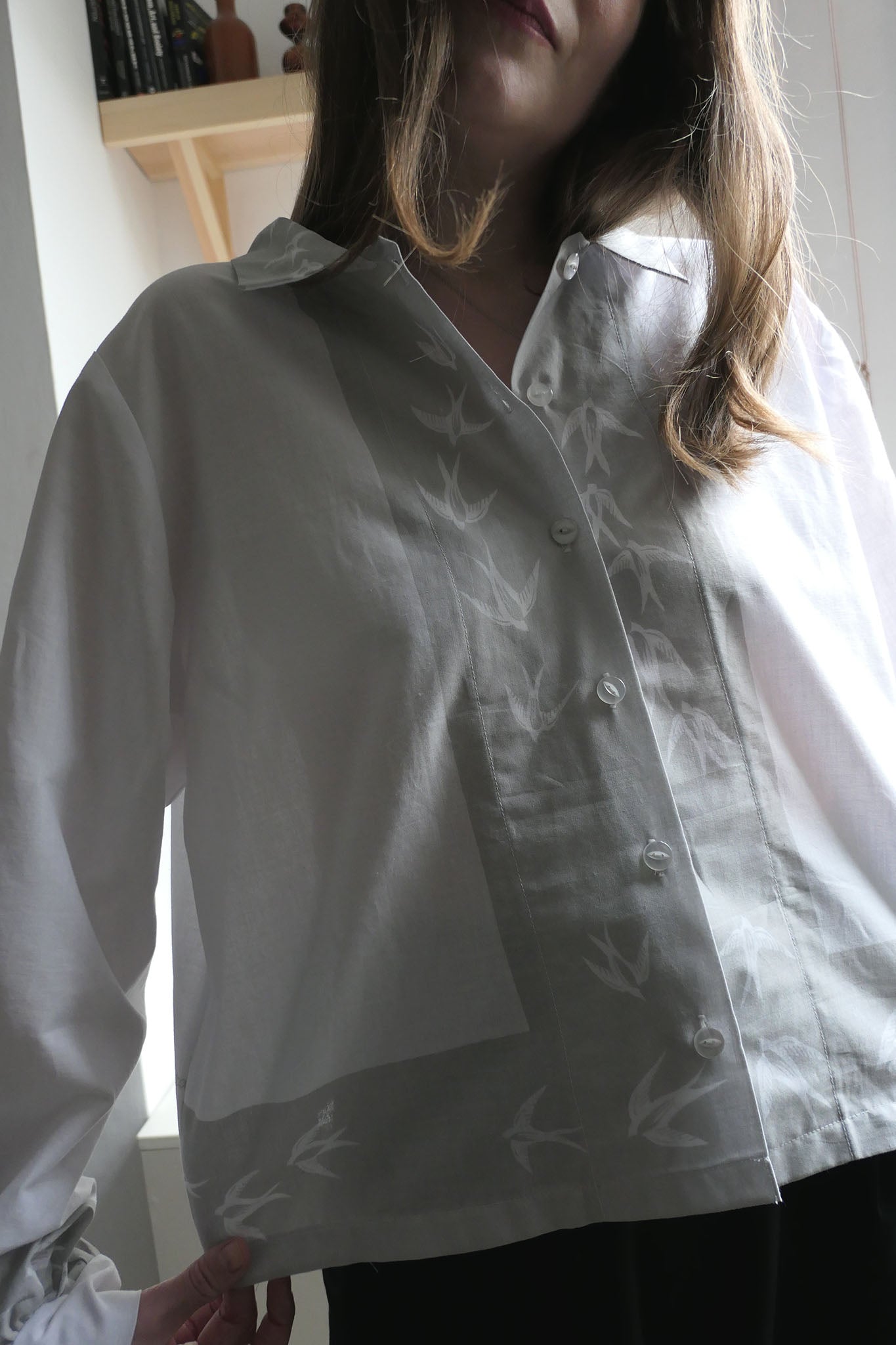 Swift ~ Bird Print & Embroidered Cotton Shirt - M