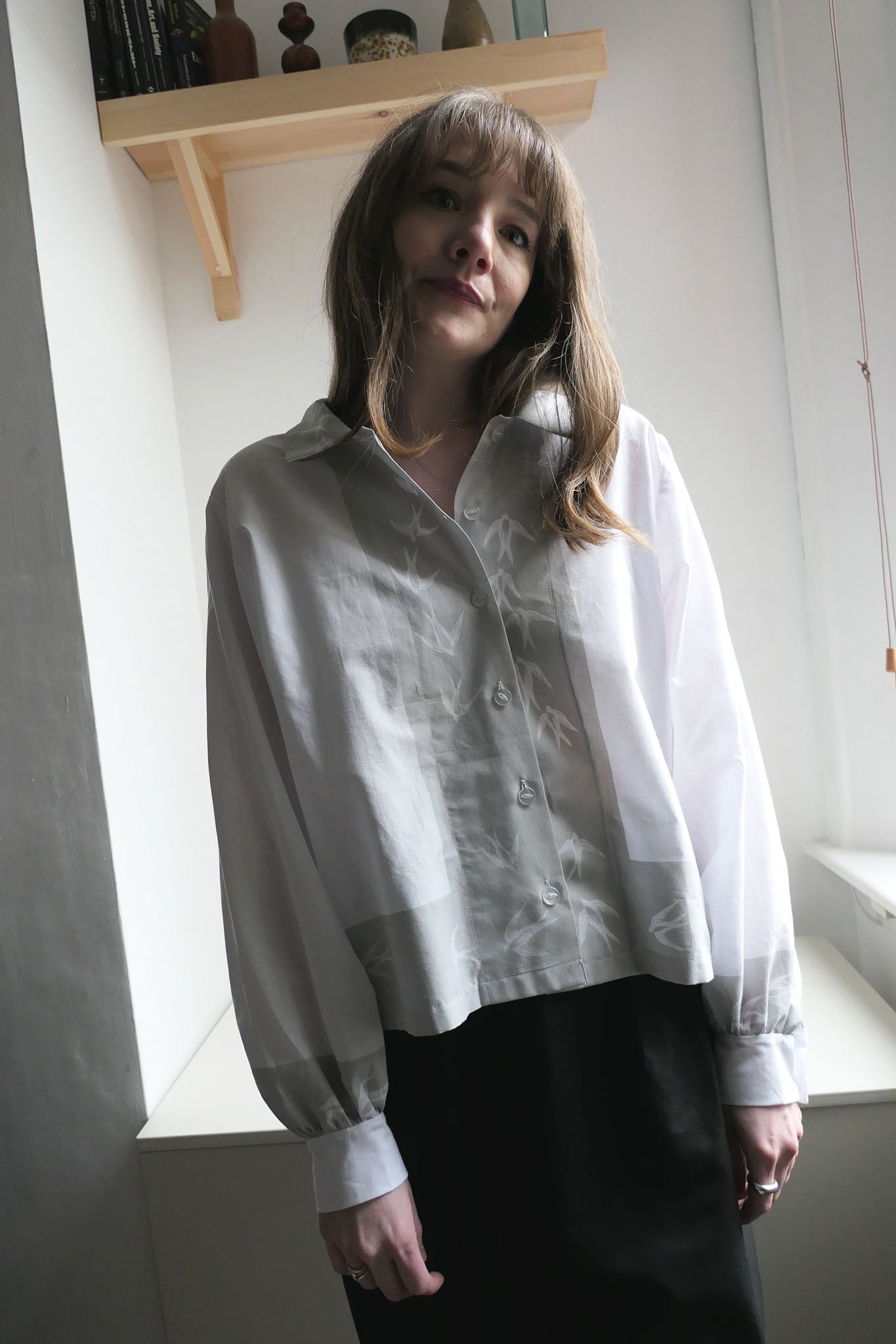 Swift ~ Bird Print & Embroidered Cotton Shirt - M