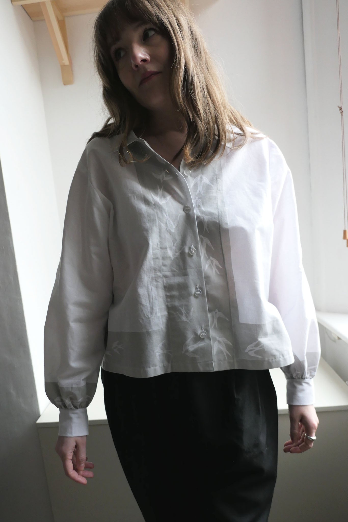 Swift ~ Bird Print & Embroidered Cotton Shirt - M