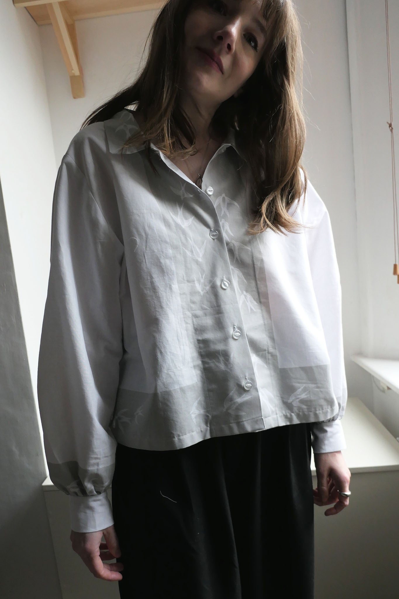 Swift ~ Bird Print & Embroidered Cotton Shirt - M