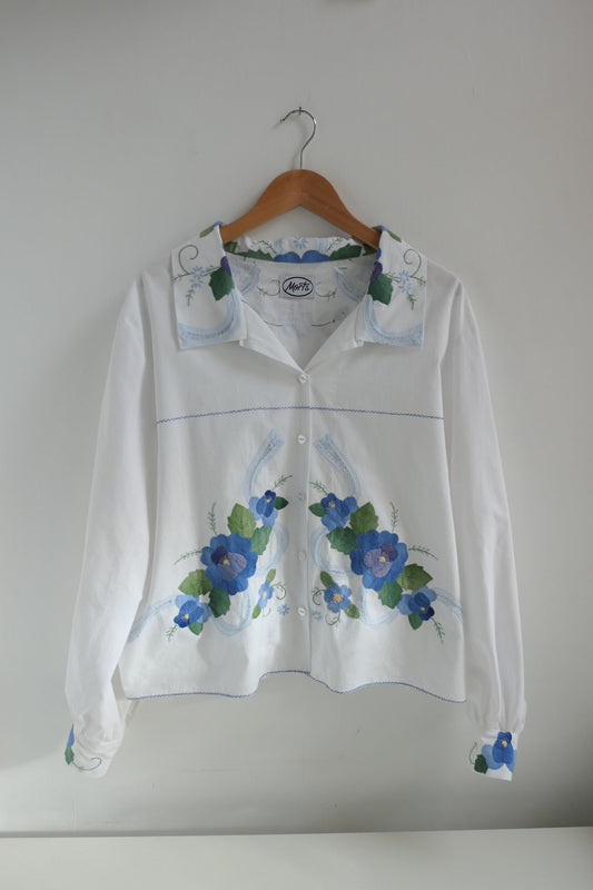 Aster ~ White & Blue Floral Applique Shirt - M/L