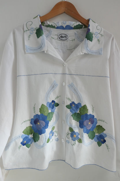 Aster ~ White & Blue Floral Applique Shirt - M/L