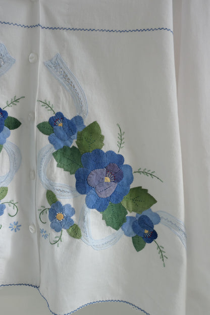 Aster ~ White & Blue Floral Applique Shirt - M/L