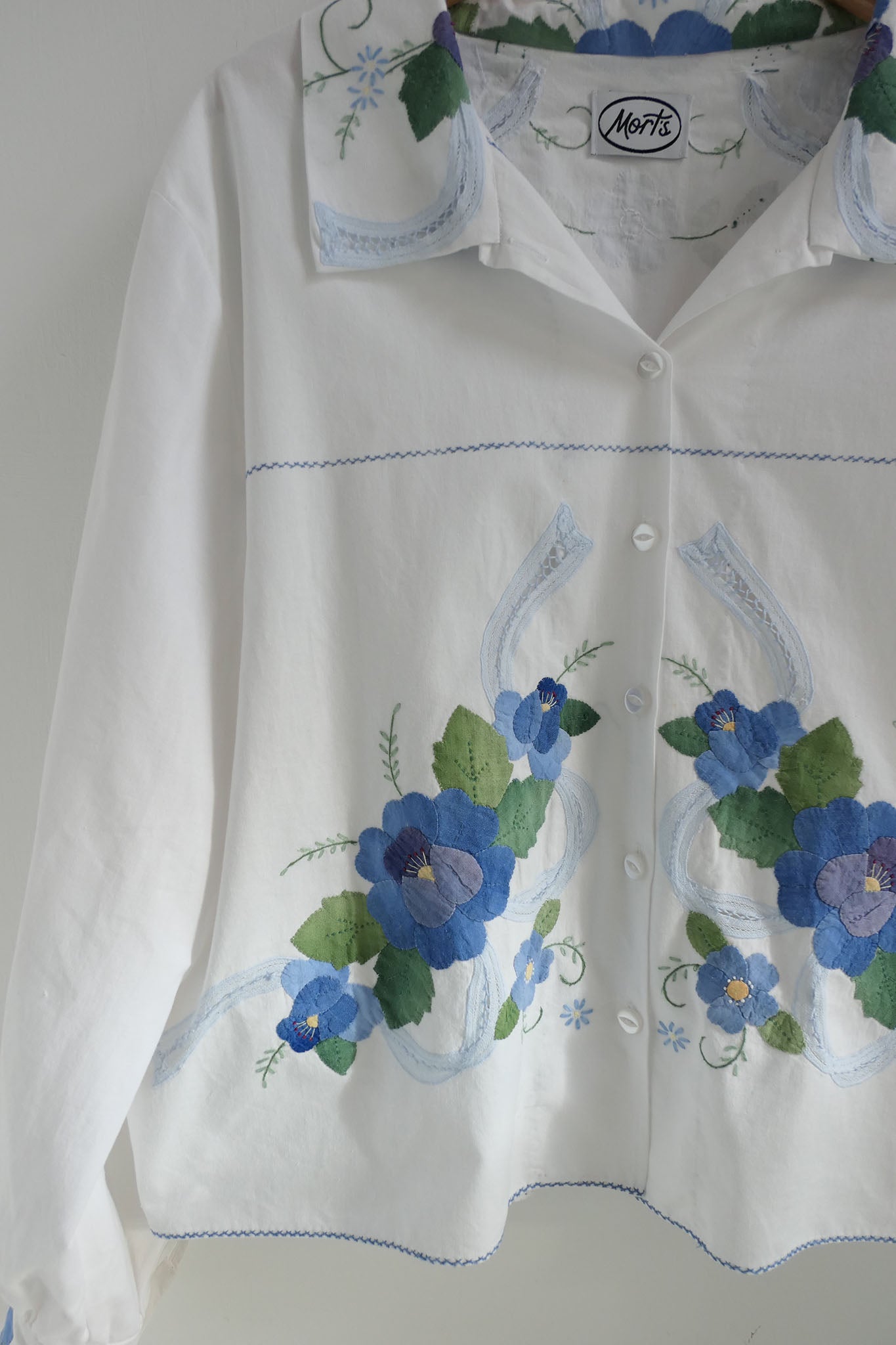 Aster ~ White & Blue Floral Applique Shirt - M/L
