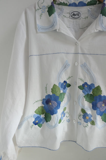 Aster ~ White & Blue Floral Applique Shirt - M/L