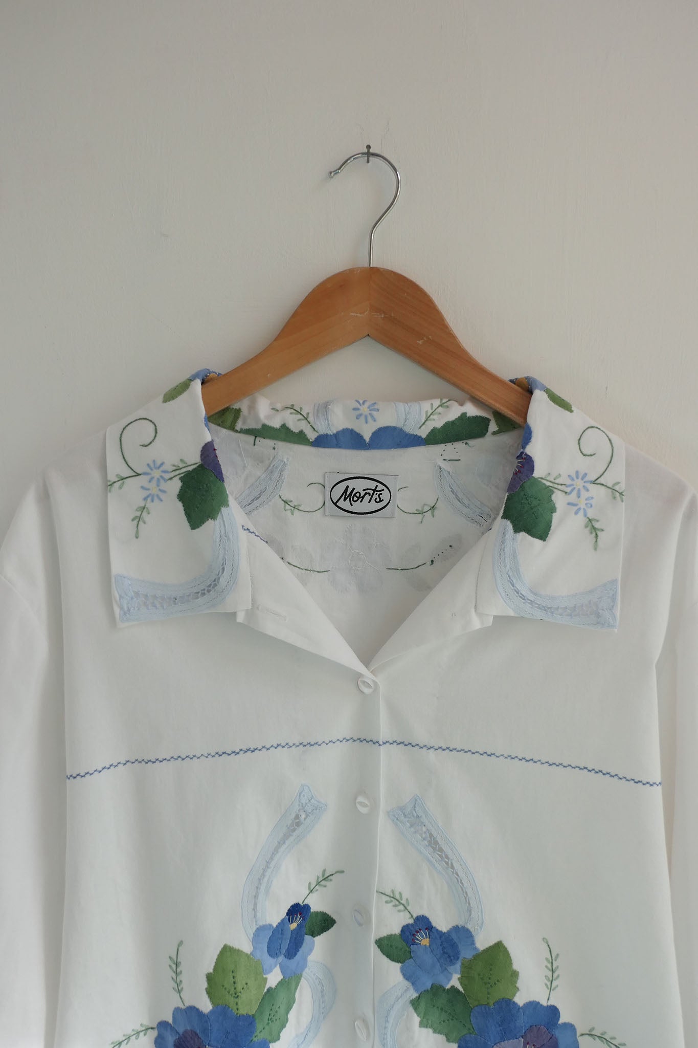 Aster ~ White & Blue Floral Applique Shirt - M/L
