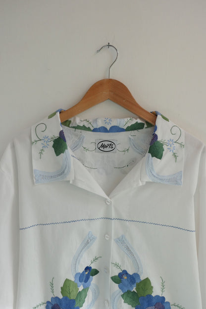Aster ~ White & Blue Floral Applique Shirt - M/L