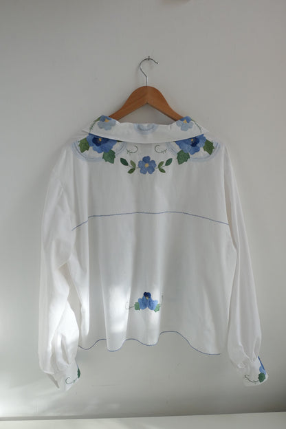 Aster ~ White & Blue Floral Applique Shirt - M/L