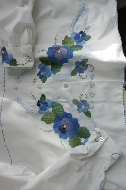 Aster ~ White & Blue Floral Applique Shirt - M/L