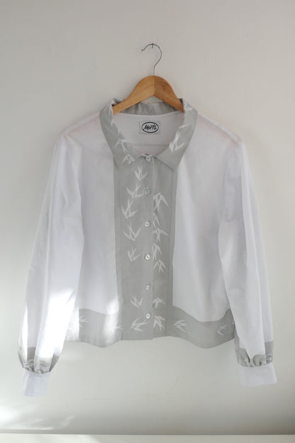 Swift ~ Bird Print & Embroidered Cotton Shirt - M