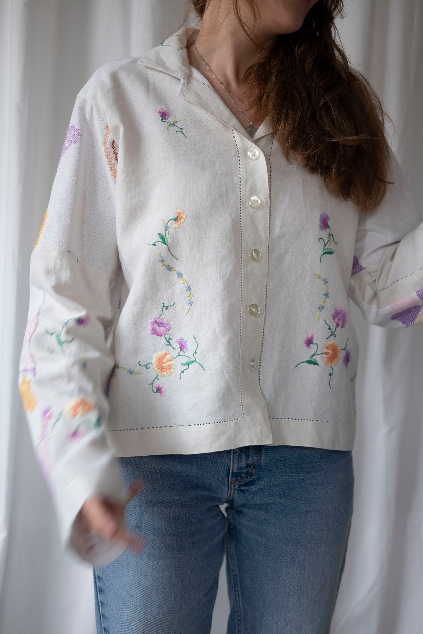 Pansy ~ Reworked Vintage Linen Embroidered Shirt - M/L