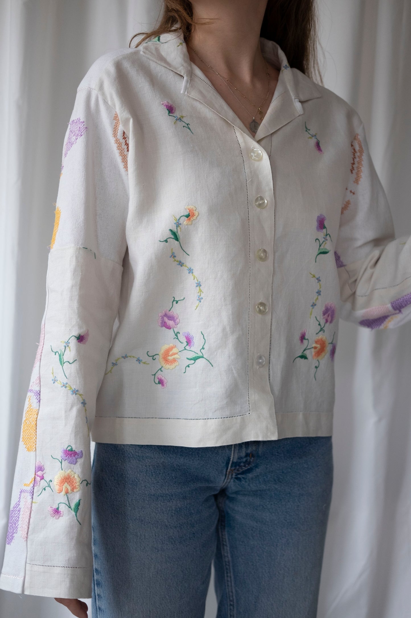 Pansy ~ Reworked Vintage Linen Embroidered Shirt - M/L