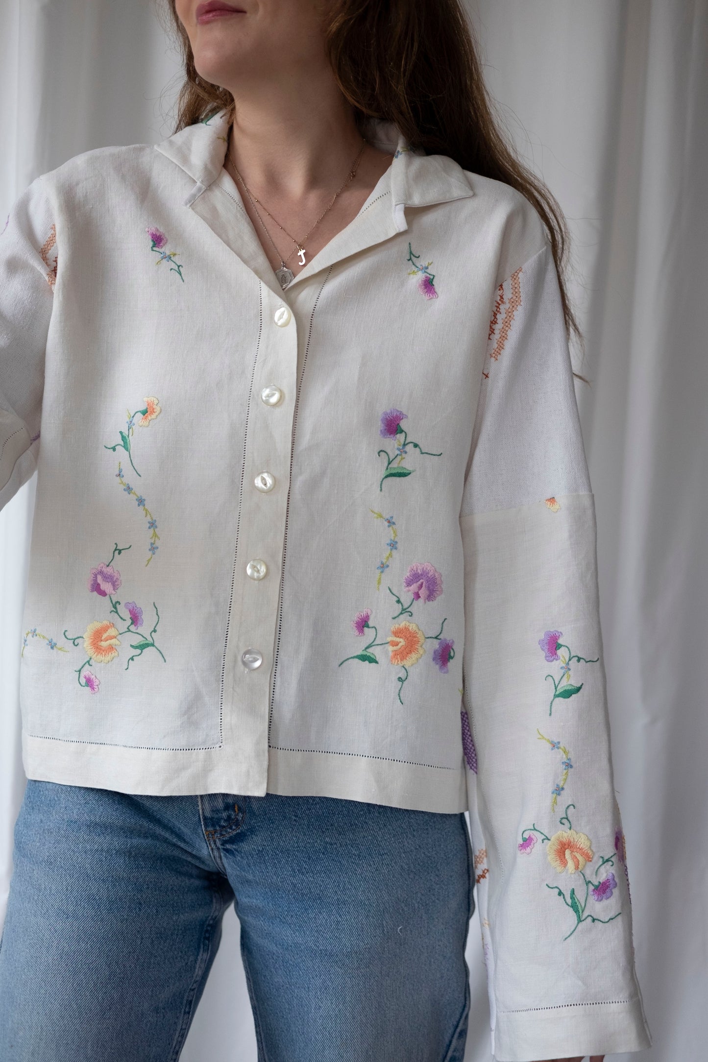 Pansy ~ Reworked Vintage Linen Embroidered Shirt - M/L