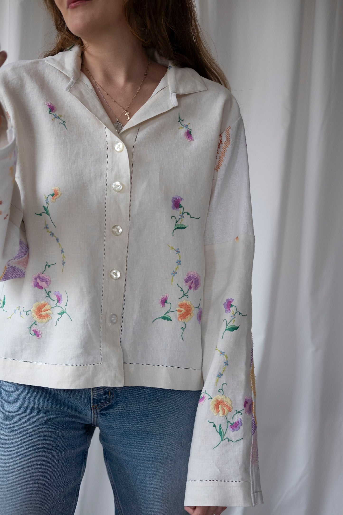 Pansy ~ Reworked Vintage Linen Embroidered Shirt - M/L