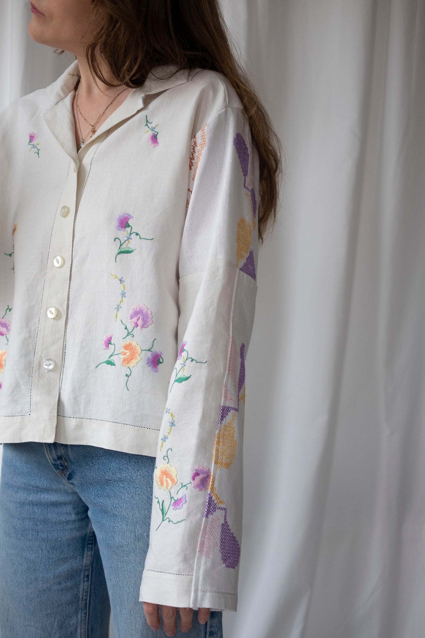 Pansy ~ Reworked Vintage Linen Embroidered Shirt - M/L