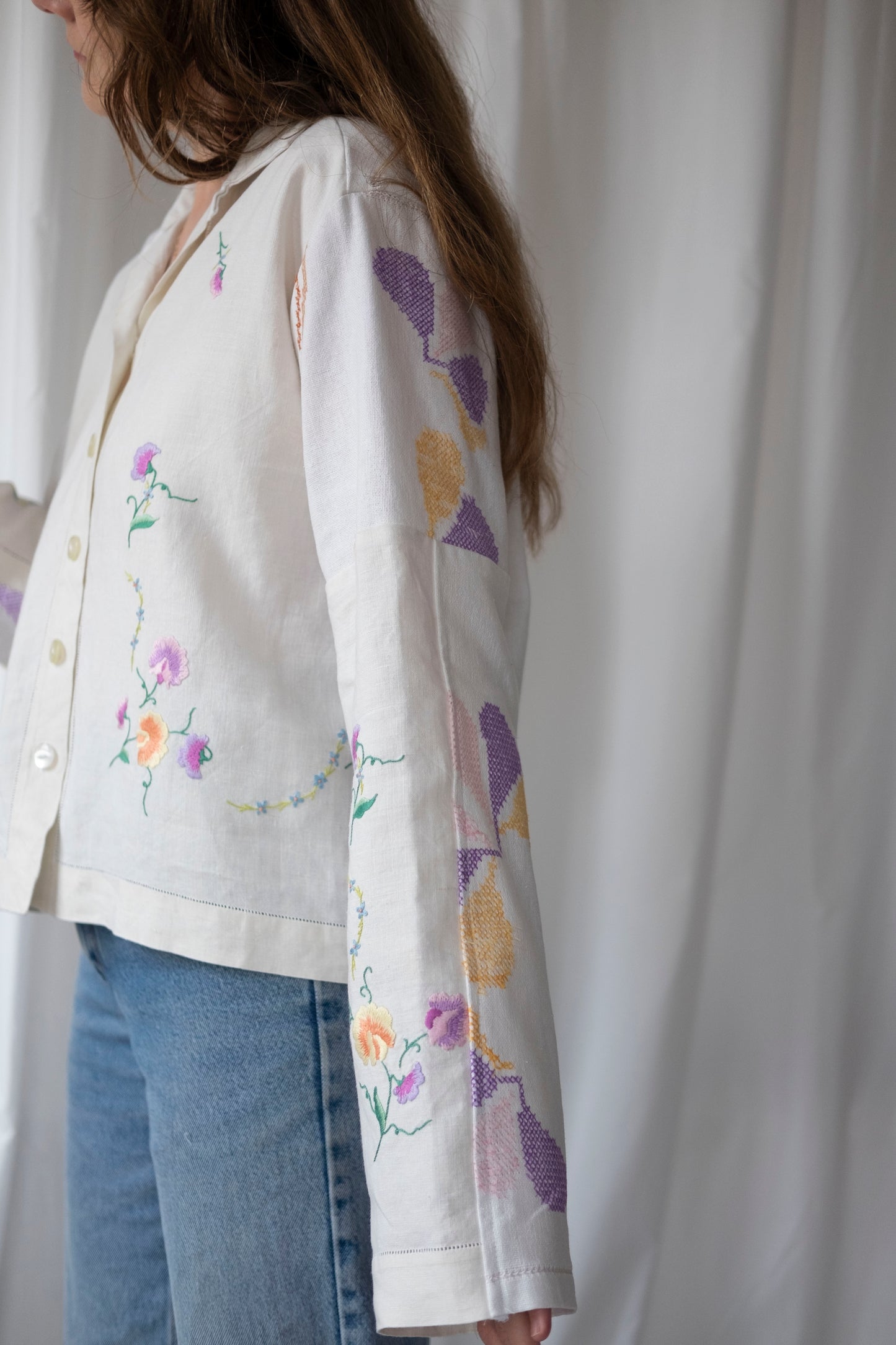 Pansy ~ Reworked Vintage Linen Embroidered Shirt - M/L