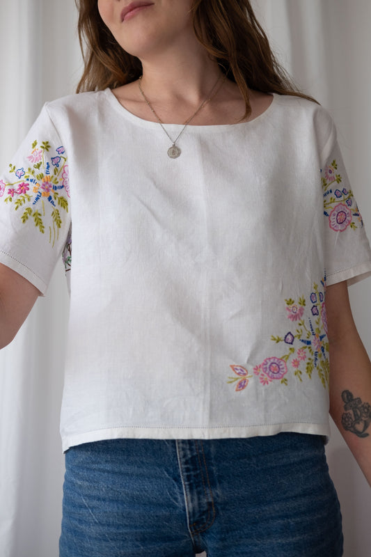 Alice ~ Reworked Vintage Linen Embroidered Tee - S/M