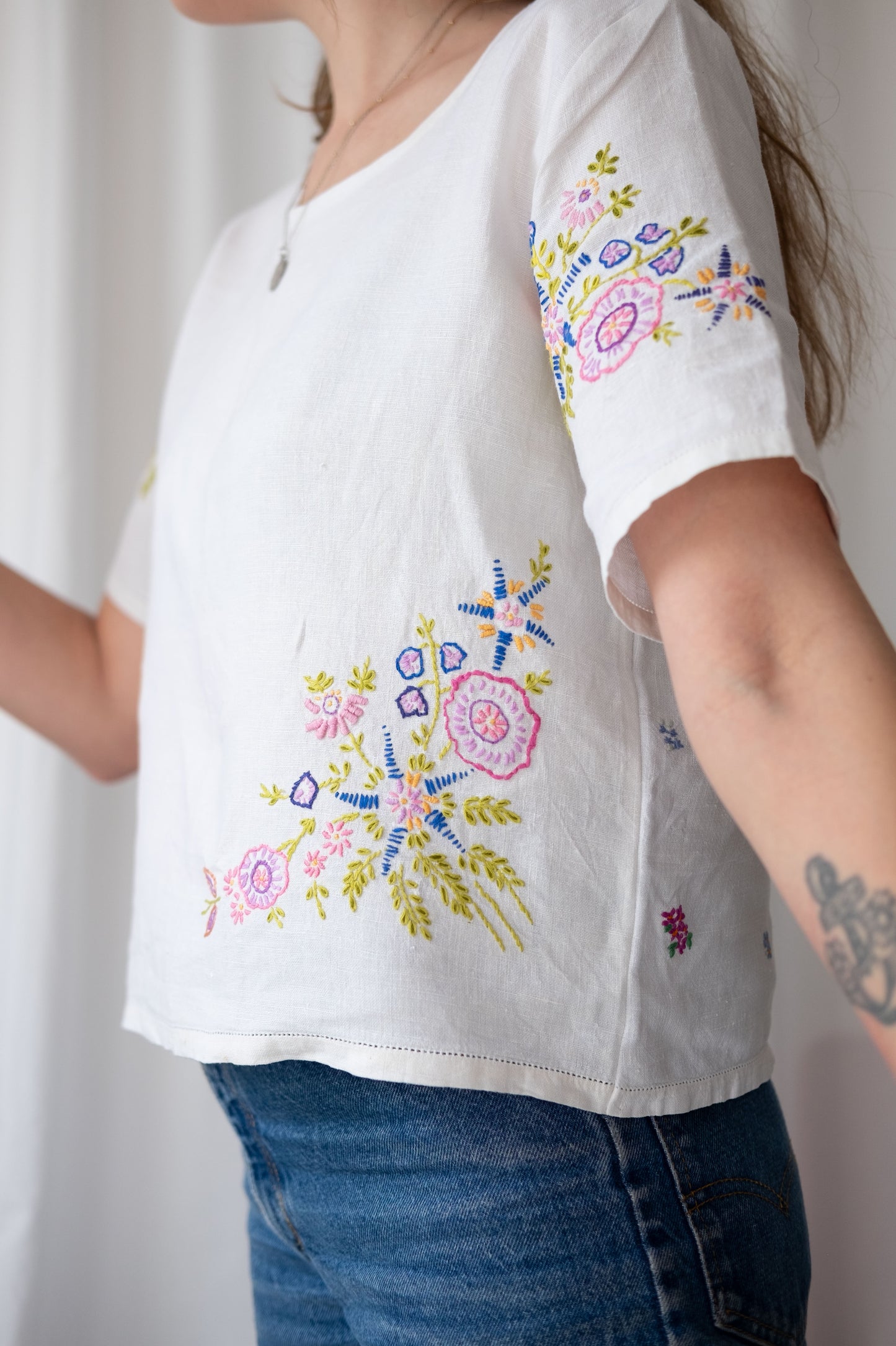 Alice ~ Reworked Vintage Linen Embroidered Tee - S/M