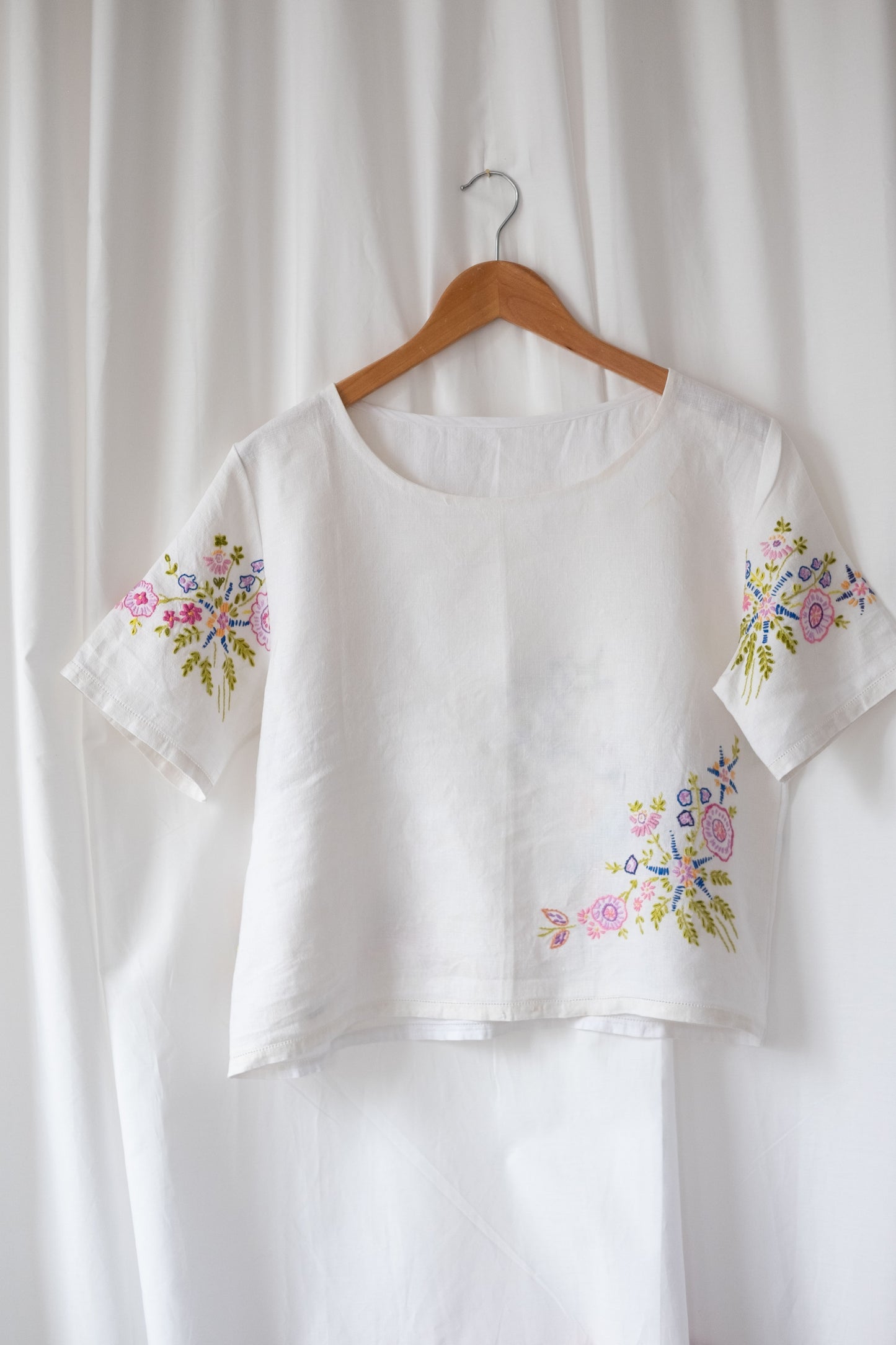 Alice ~ Reworked Vintage Linen Embroidered Tee - S/M