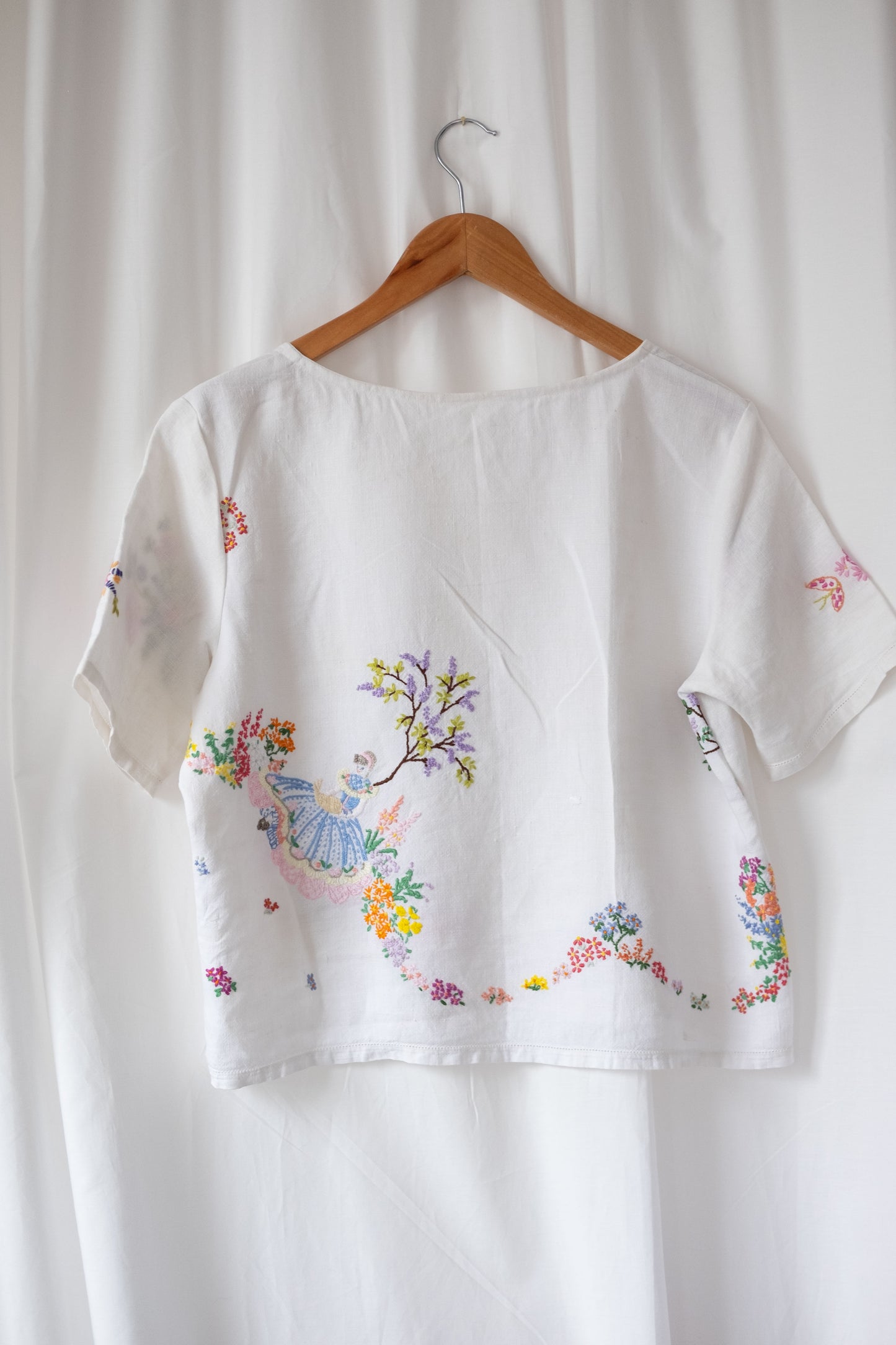 Alice ~ Reworked Vintage Linen Embroidered Tee - S/M