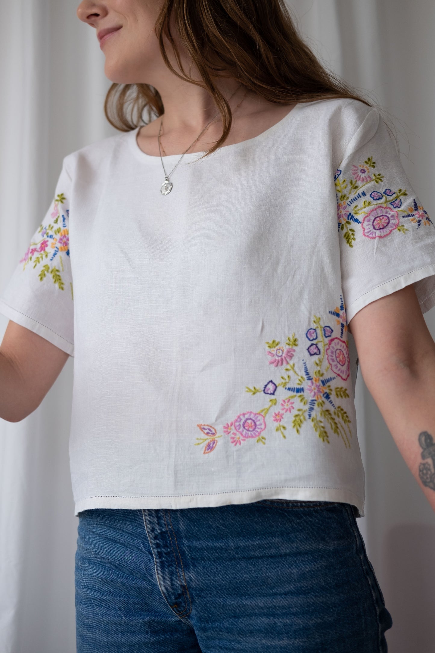 Alice ~ Reworked Vintage Linen Embroidered Tee - S/M