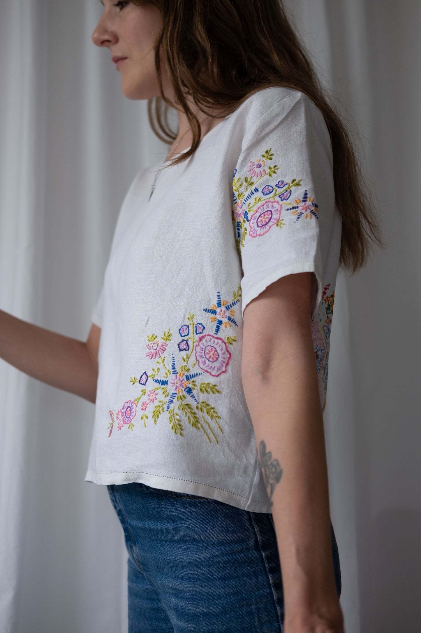 Alice ~ Reworked Vintage Linen Embroidered Tee - S/M