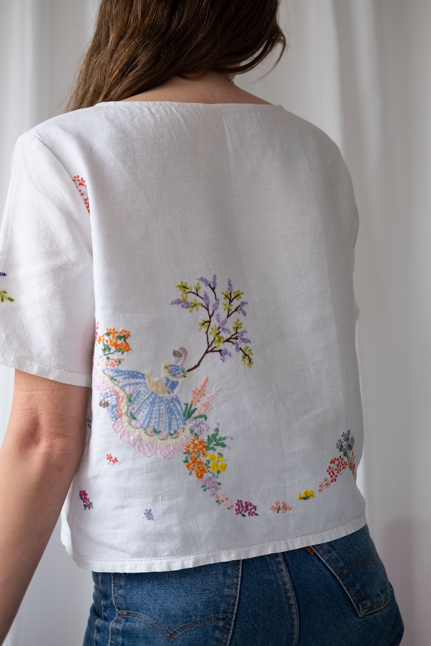 Alice ~ Reworked Vintage Linen Embroidered Tee - S/M