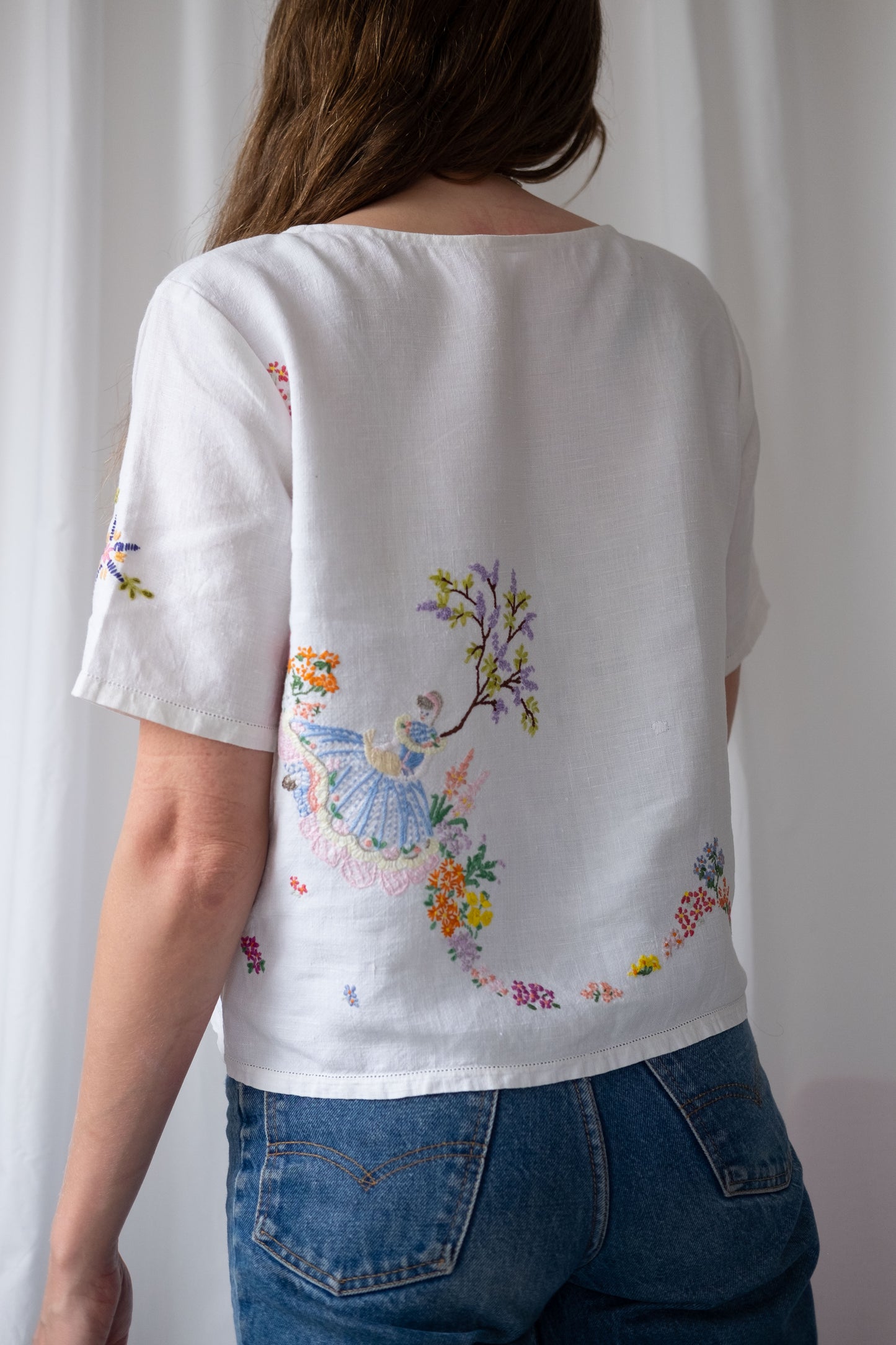 Alice ~ Reworked Vintage Linen Embroidered Tee - S/M