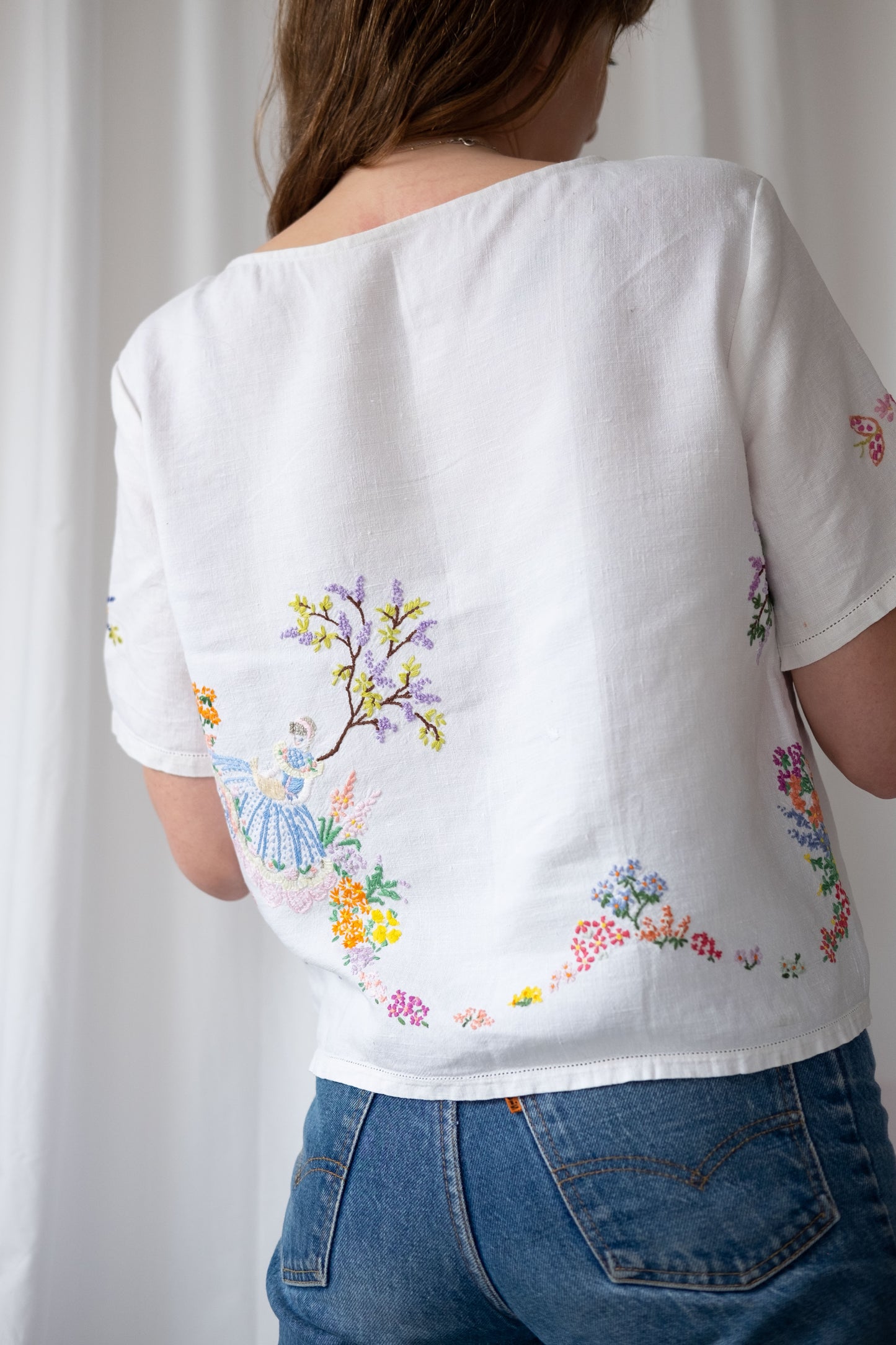 Alice ~ Reworked Vintage Linen Embroidered Tee - S/M