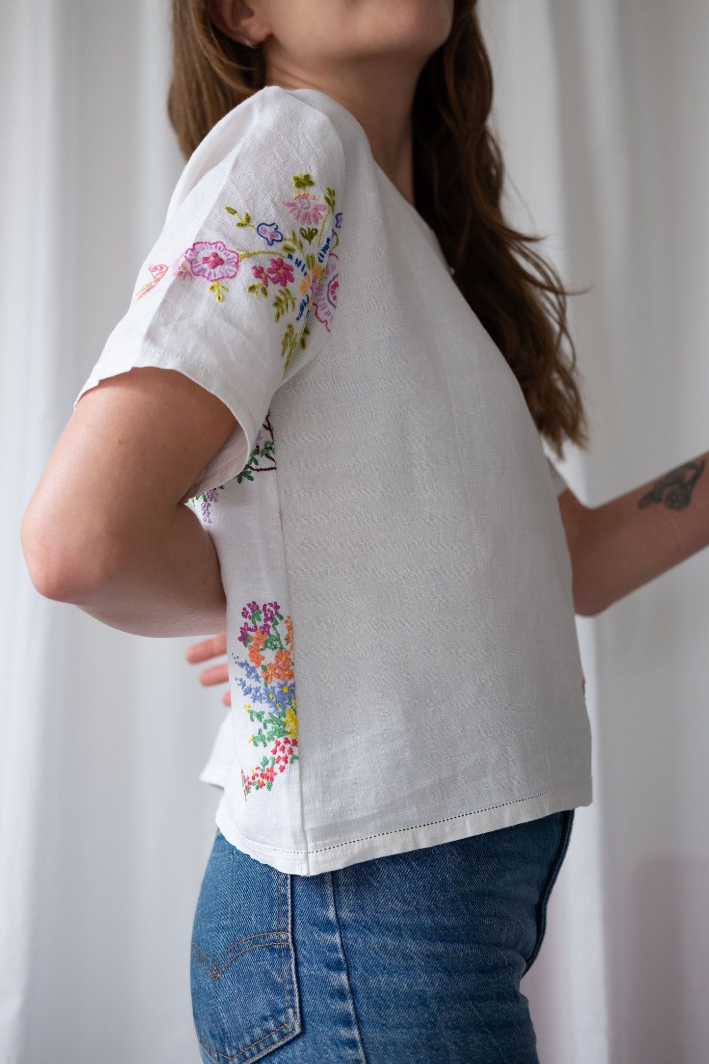 Alice ~ Reworked Vintage Linen Embroidered Tee - S/M