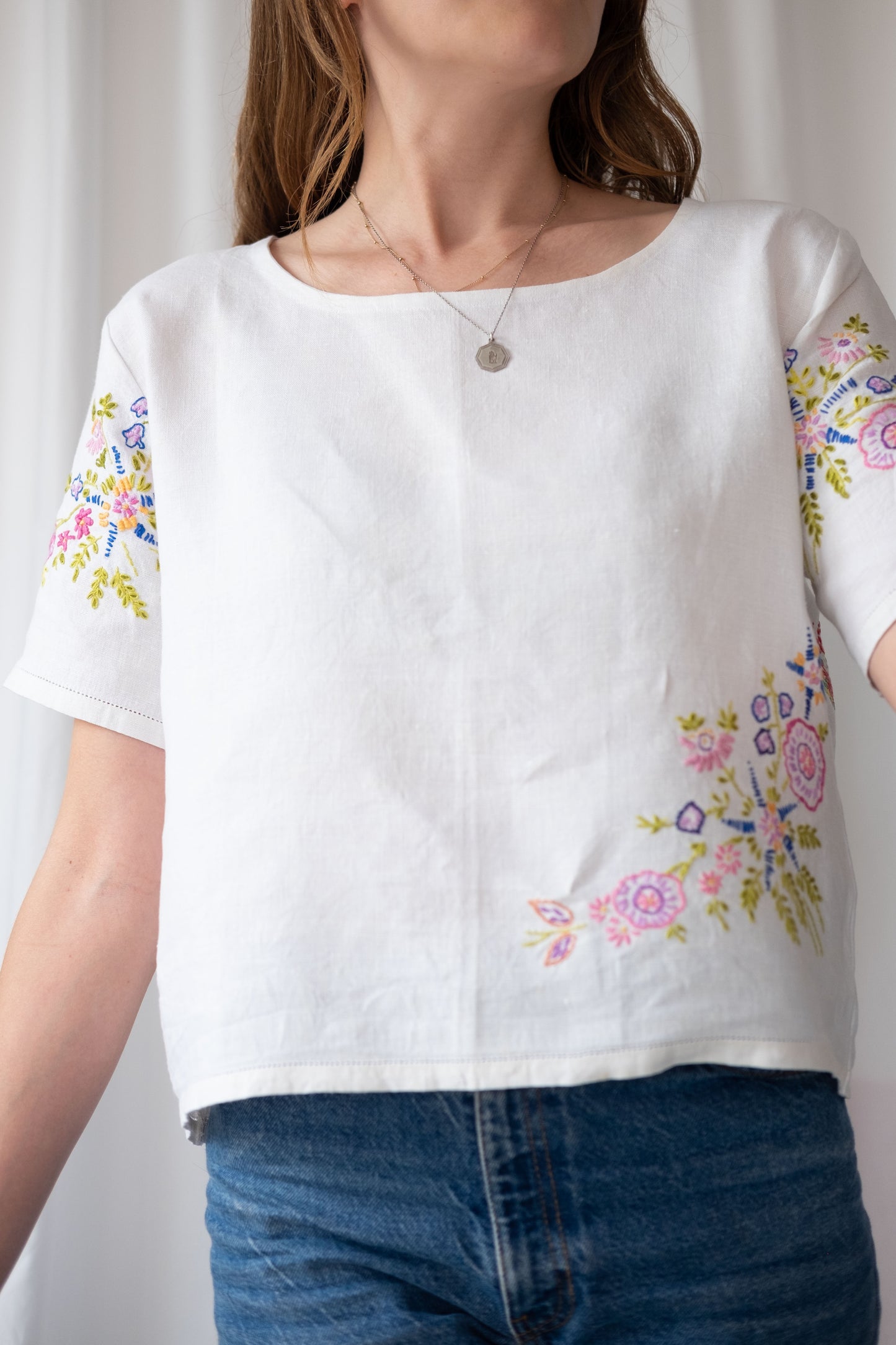 Alice ~ Reworked Vintage Linen Embroidered Tee - S/M