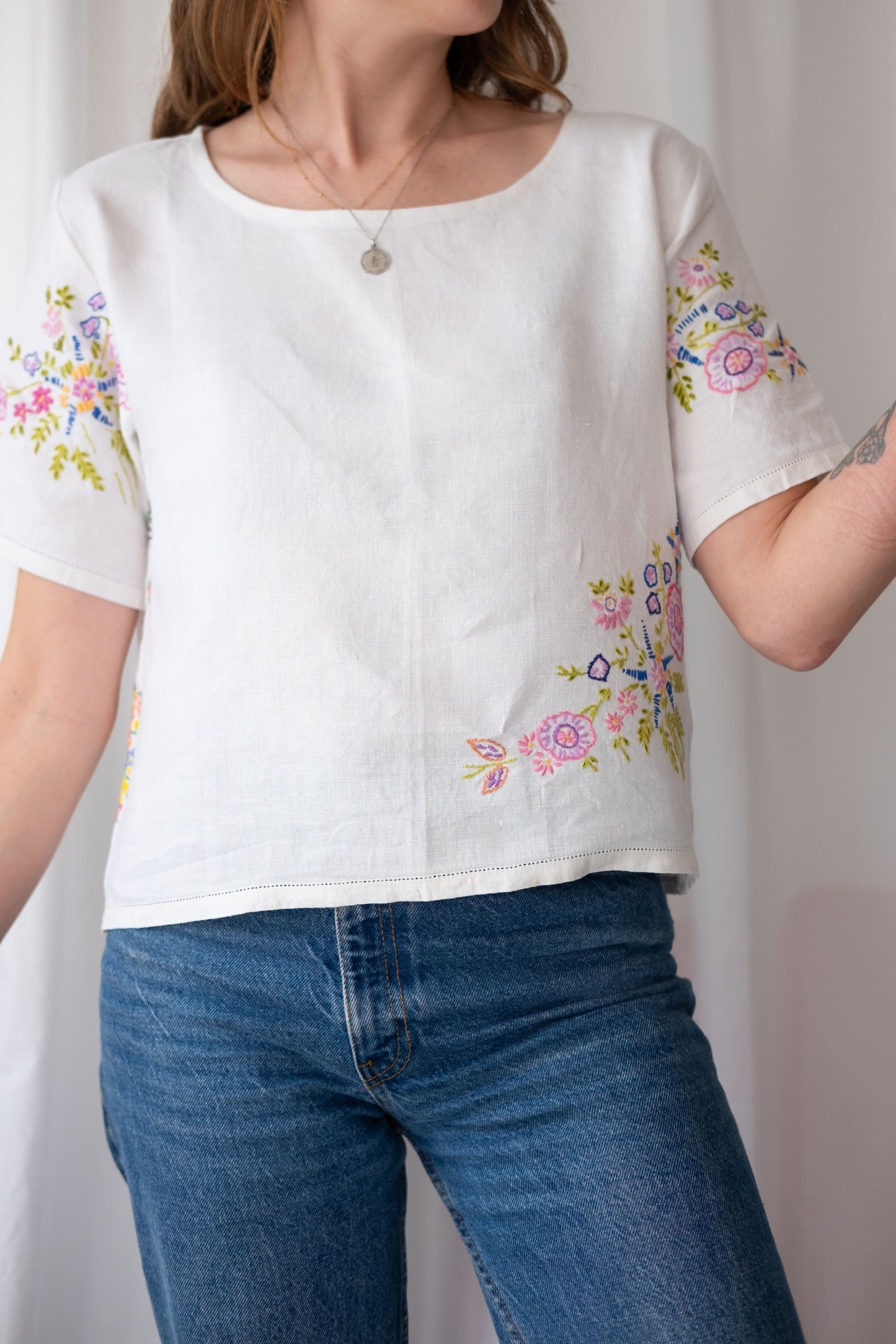 Alice ~ Reworked Vintage Linen Embroidered Tee - S/M