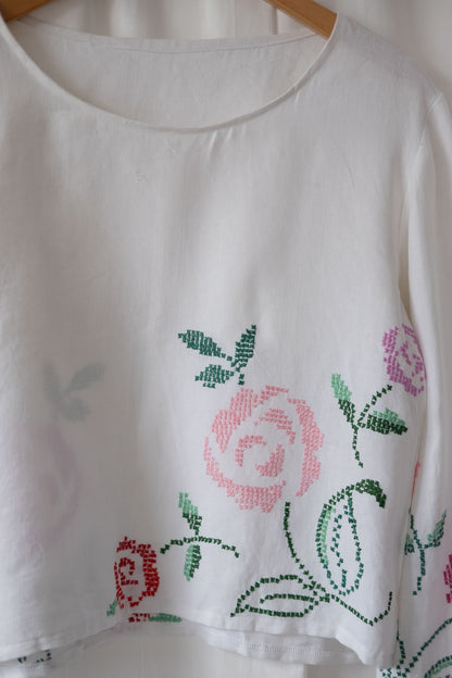 Anisa ~ Reworked Vintage Linen Embroidered Long Sleeve - M/L
