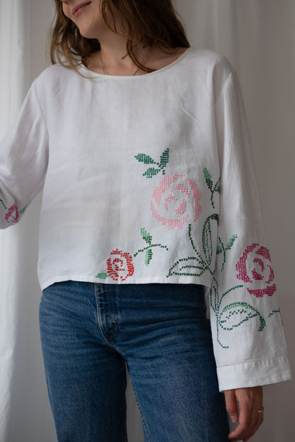 Anisa ~ Reworked Vintage Linen Embroidered Long Sleeve - M/L