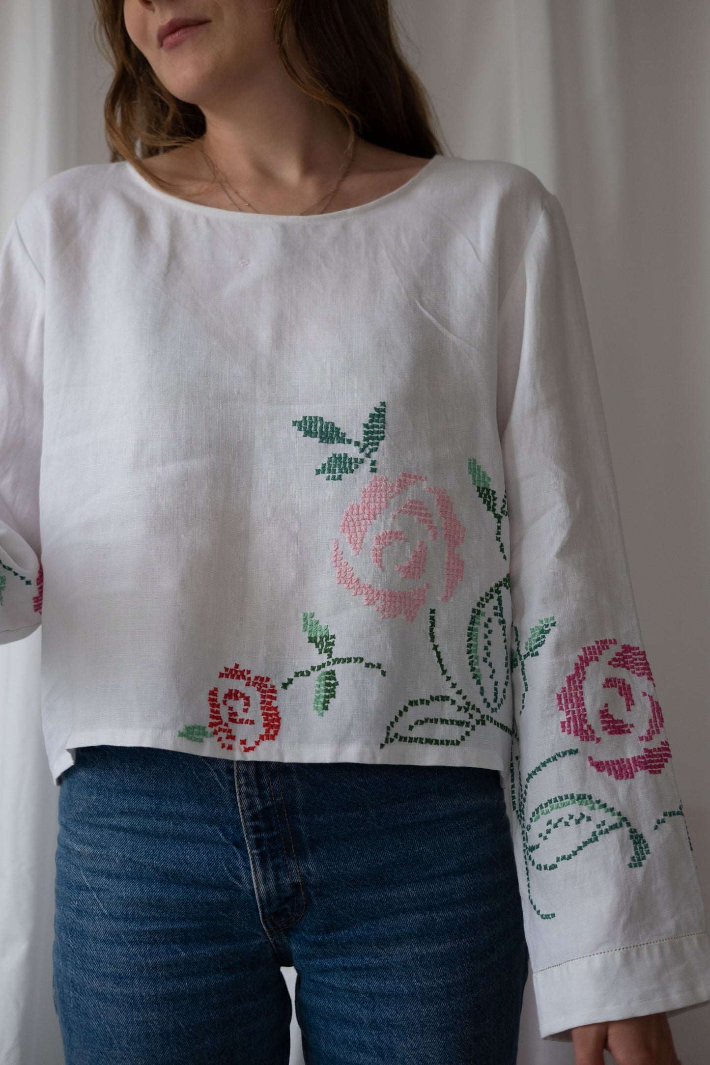 Anisa ~ Reworked Vintage Linen Embroidered Long Sleeve - M/L