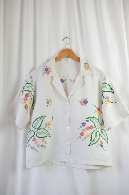 Begonia ~ Reworked Vintage Linen Embroidered Shirt - XL/2XL