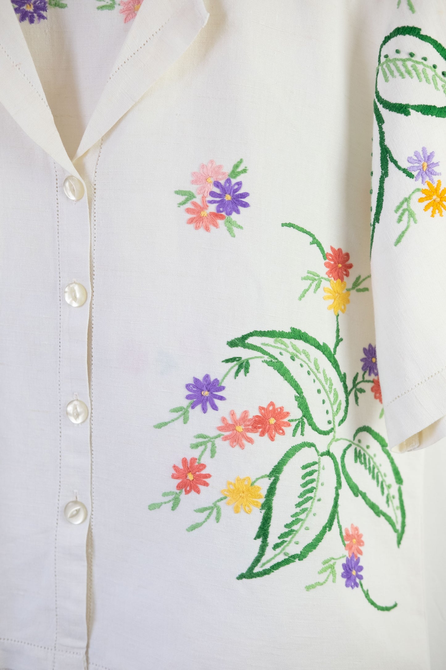 Begonia ~ Reworked Vintage Linen Embroidered Shirt - XL/2XL