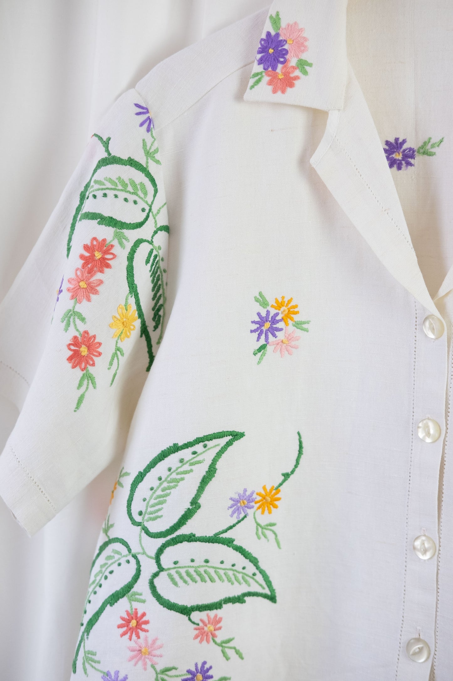 Begonia ~ Reworked Vintage Linen Embroidered Shirt - XL/2XL