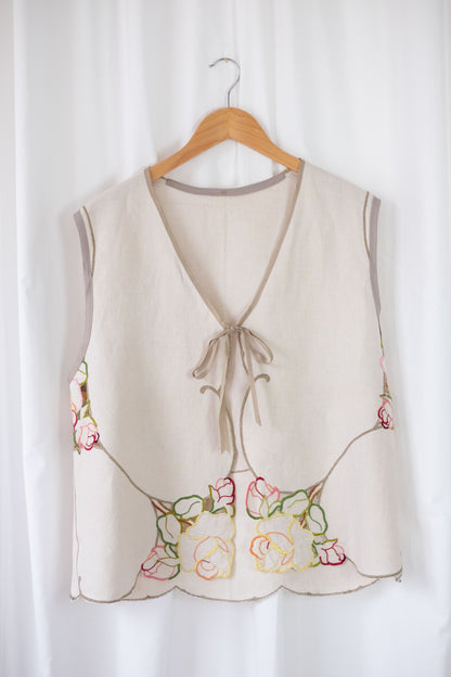 Lark ~ Reworked Vintage Linen Embroidered Waistcoat - M/L