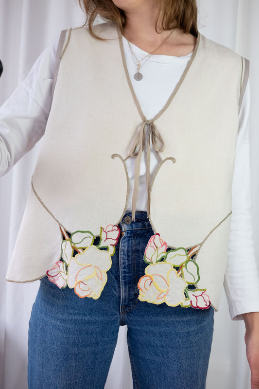 Lark ~ Reworked Vintage Linen Embroidered Waistcoat - M/L