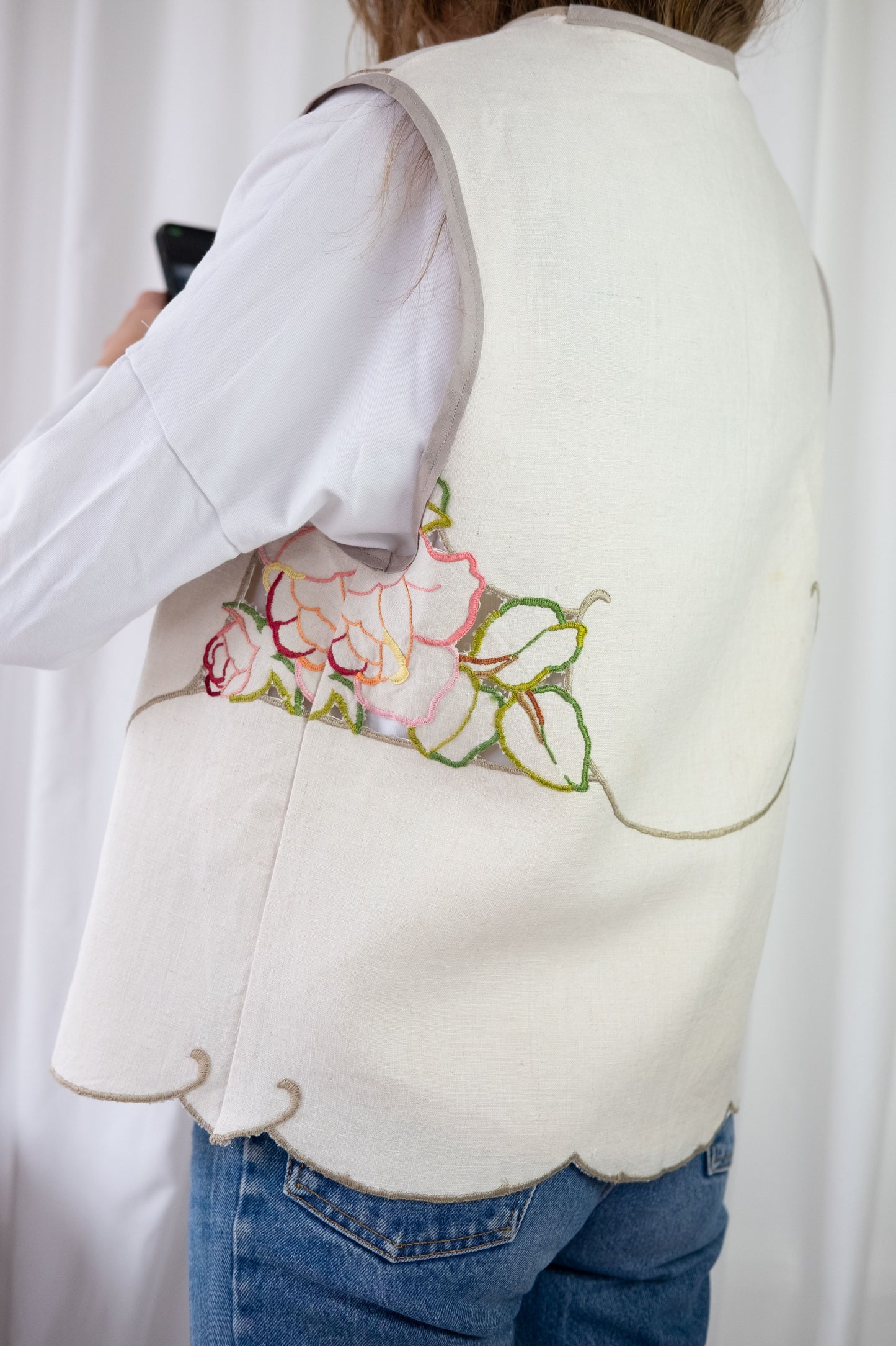 Lark ~ Reworked Vintage Linen Embroidered Waistcoat - M/L